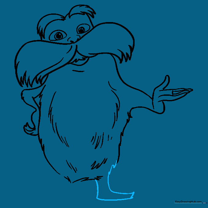 Sketching the first leg and rectangular foot of the Lorax.
