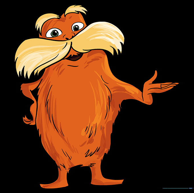 The finished Lorax drawing, fully colored with his signature orange fur and yellow mustache.