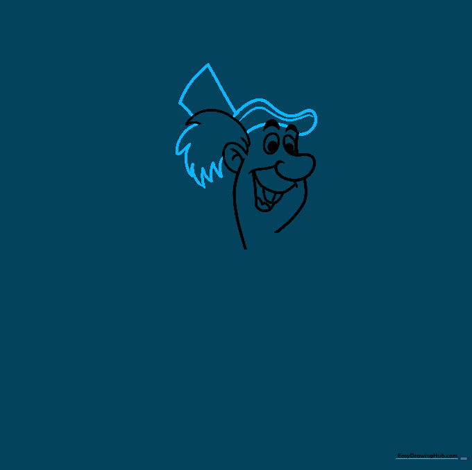 Drawing the brim of the Mad Hatter's top hat and the small rectangular price tag.