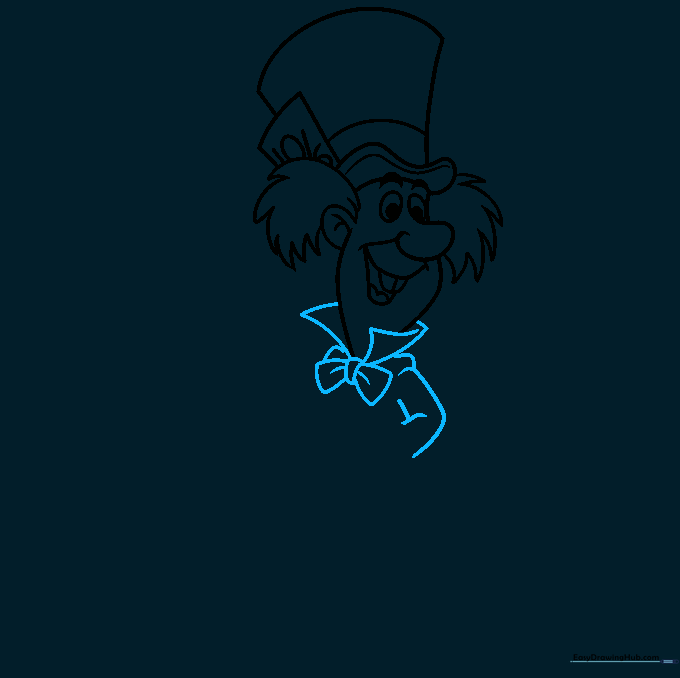 Sketching the Mad Hatter's oversized collar, bowtie, and jacket shoulders.