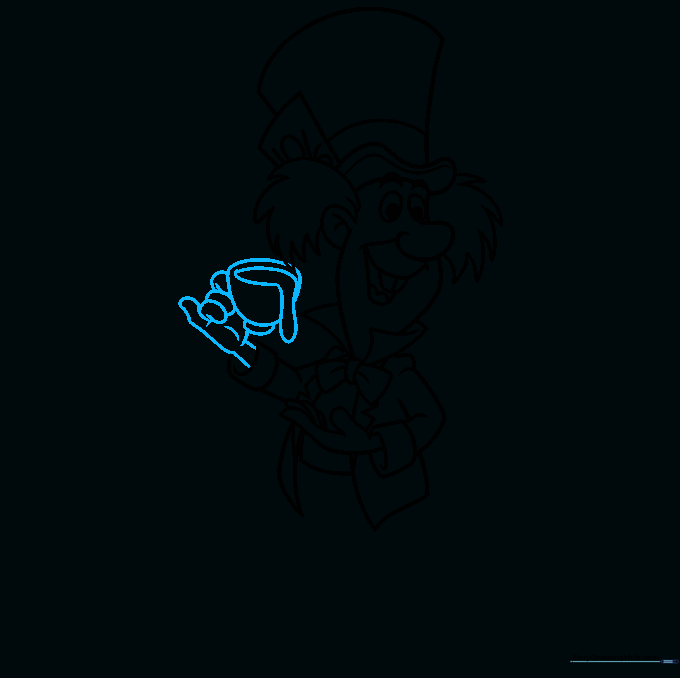 Drawing the Mad Hatter holding a teacup with tea spilling over the edge.