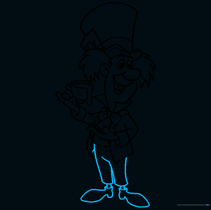 Finalizing the drawing by adding the Mad Hatter's pants and shoes.