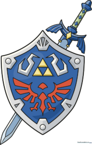 Completed, vibrant illustration of the Master Sword and Hylian Shield.