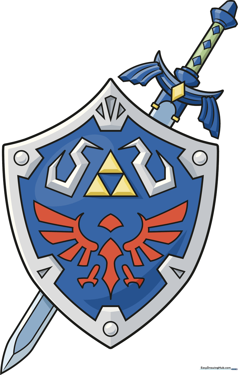 Completed, vibrant illustration of the Master Sword and Hylian Shield.