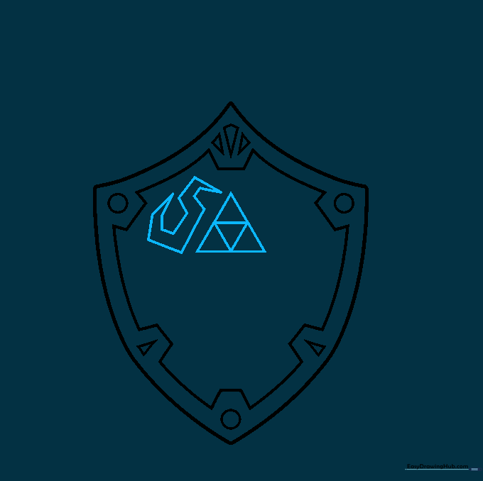 Sketching the iconic Triforce symbol in the center of the shield.