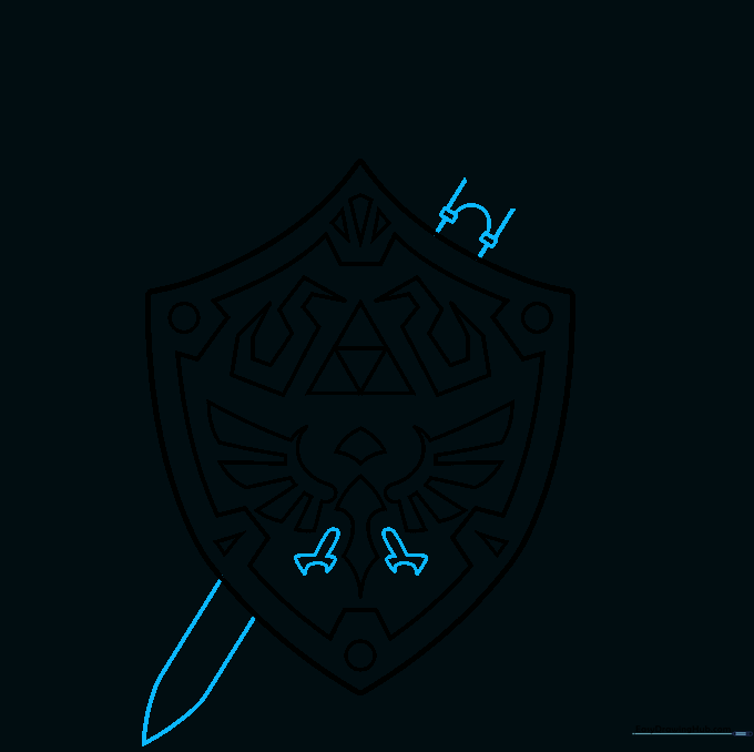 Sketching the long, pointed blade of the Master Sword extending from the shield.
