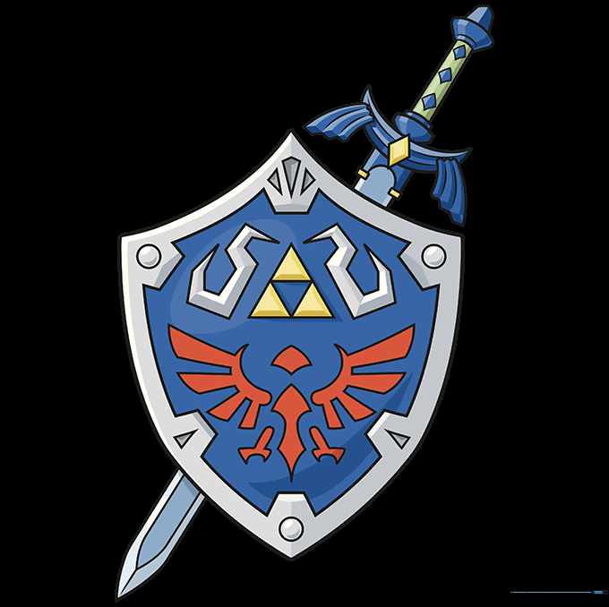 Fully colored Master Sword and Hylian Shield drawing.