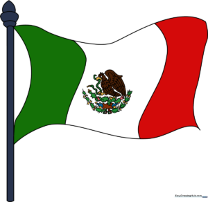 A finished, colored drawing of the Mexican flag waving on a pole.