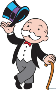 A colorful, finished illustration of the Monopoly Man standing with his cane.