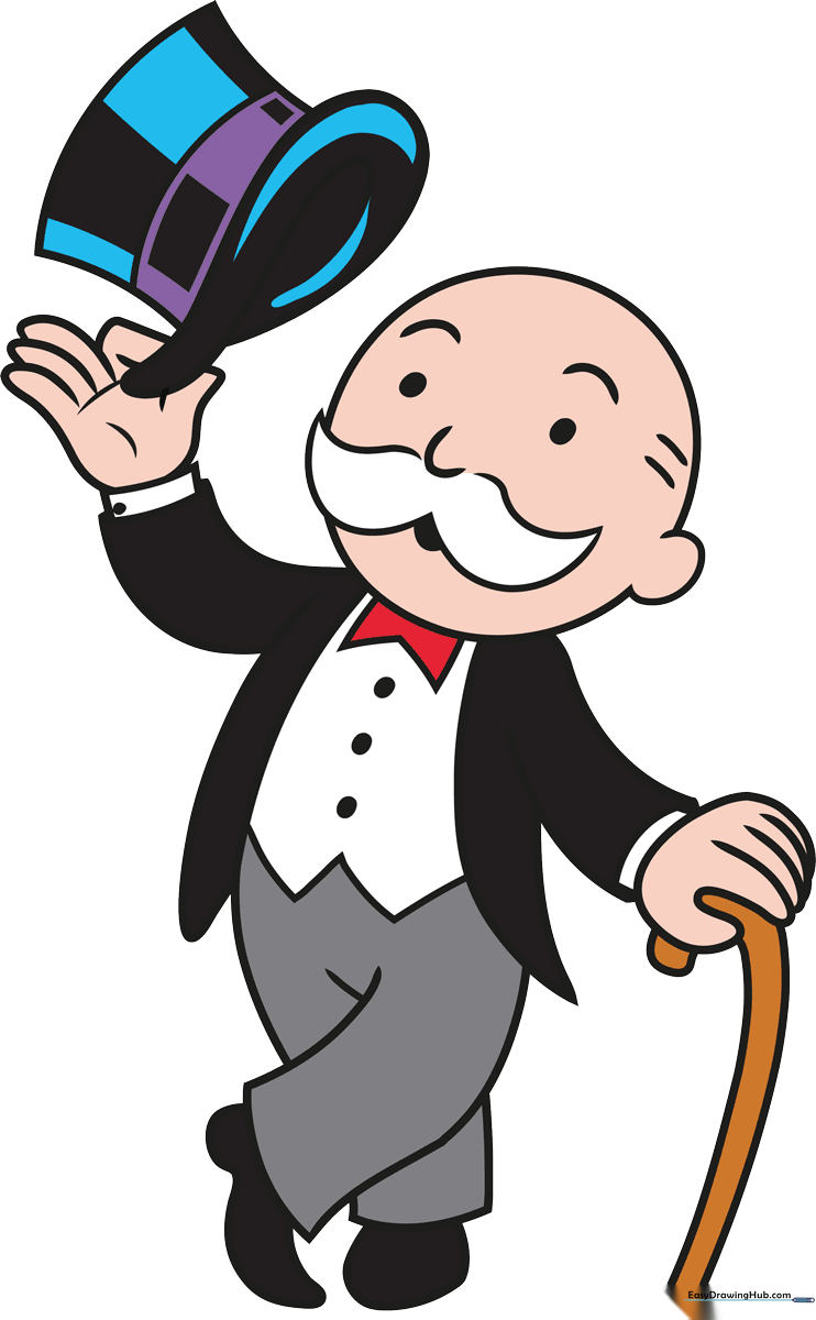 A colorful, finished illustration of the Monopoly Man standing with his cane.
