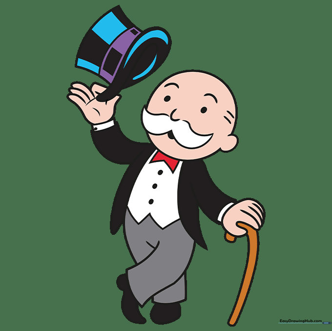 The finished, colored Monopoly Man drawing with a shiny hat effect.