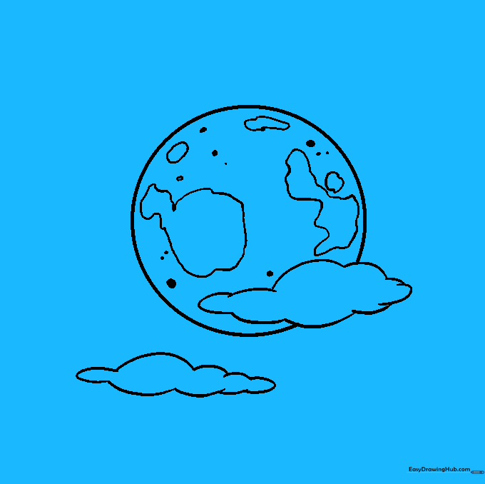 The completed moon drawing with extra clouds and a small star in the background.
