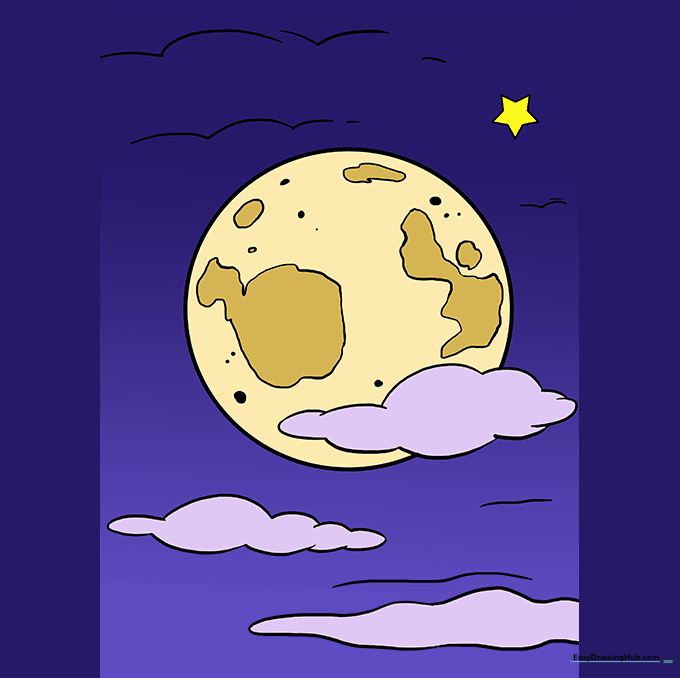 A fully colored, vibrant drawing of the moon in a dark night sky.