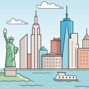 A vibrant, finished cartoon drawing of the New York City skyline featuring the Statue of Liberty.