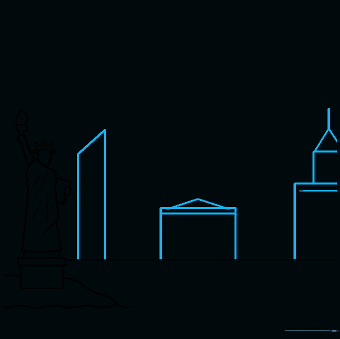 Drawing the first set of skyscrapers with varied roof shapes and antennas.