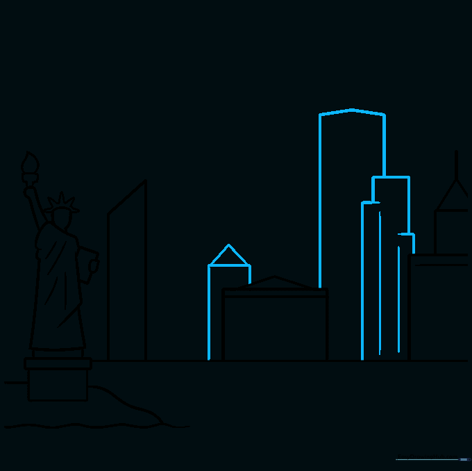 Adding more buildings to the middle ground to create a dense city skyline.