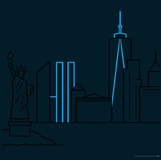Drawing the One World Trade Center with its distinctive spire and roof detail.
