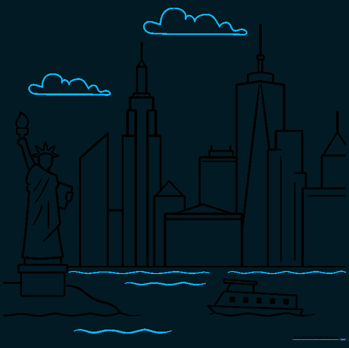 Adding fluffy clouds in the sky and wavy lines to the water for a finished look.
