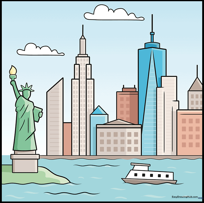 A fully colored, vibrant cartoon illustration of the New York City skyline.