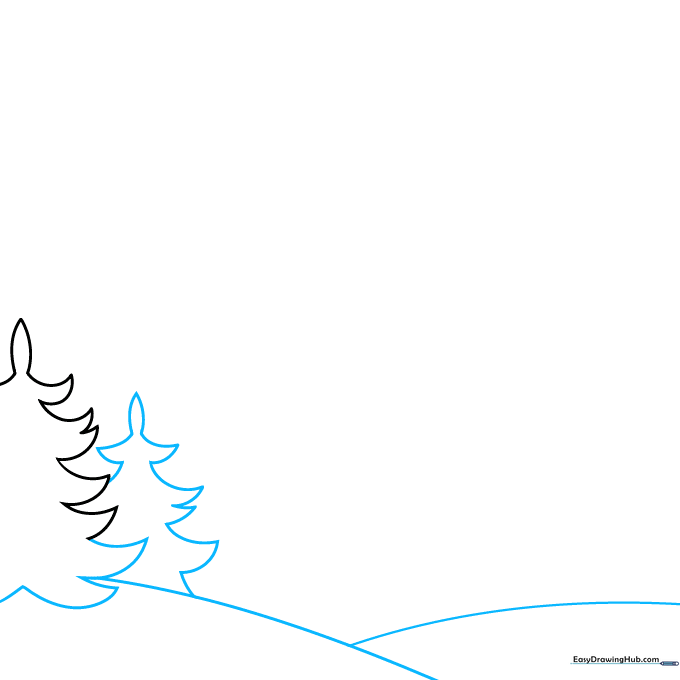 Two evergreen trees with a curved line connecting them to represent a rolling hill.