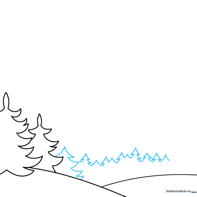 A forest line featuring multiple evergreen trees of varying sizes.