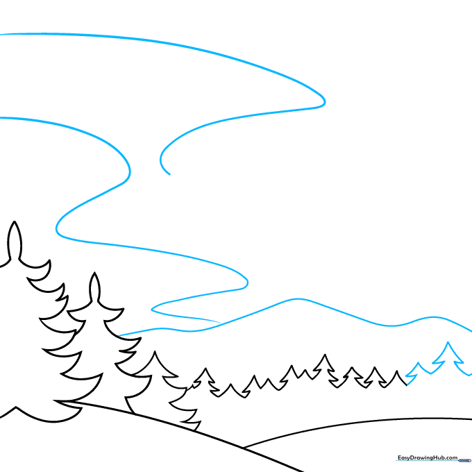 Mountain range outline with the beginning of a wavy aurora light ribbon above.