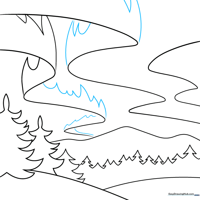 Detailed jagged lines being added to the top edges of the aurora ribbons.