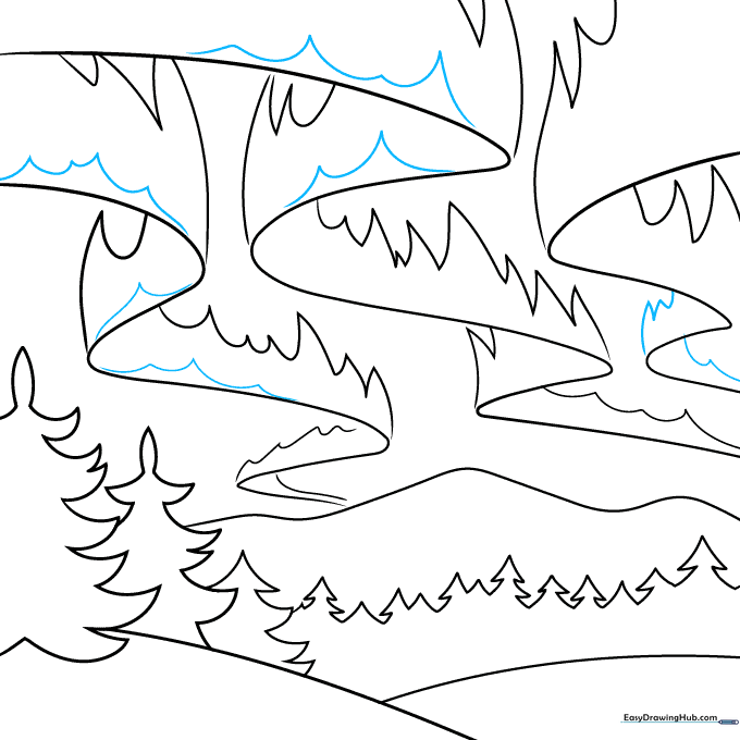 Adding secondary jagged lines to create a 3D effect in the aurora ribbons.