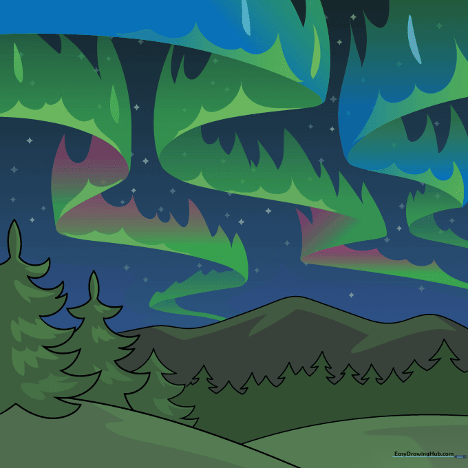 Completed and colored Northern Lights drawing with vibrant green and purple hues.