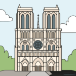 A completed, colored illustration of the Notre Dame Cathedral, showcasing its iconic gothic towers and rose window.