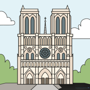 A completed, colored illustration of the Notre Dame Cathedral, showcasing its iconic gothic towers and rose window.