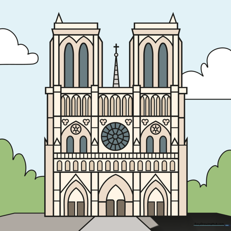 A completed, colored illustration of the Notre Dame Cathedral, showcasing its iconic gothic towers and rose window.