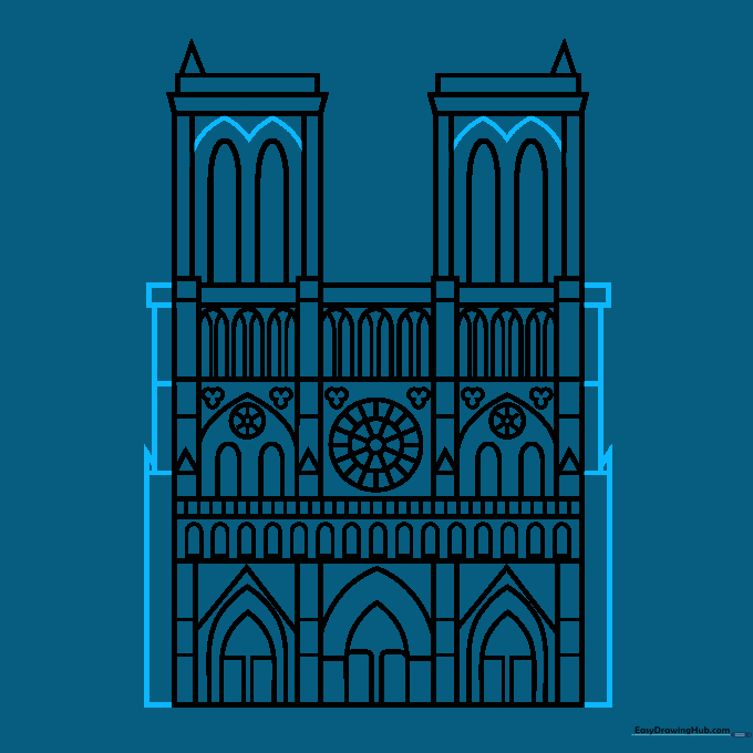 Defining the tower tops and side buttresses of the cathedral.