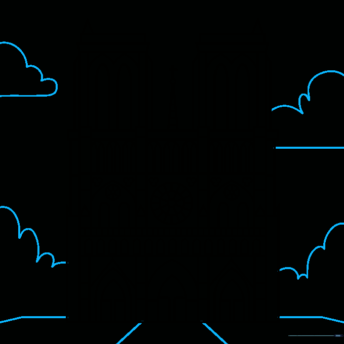 Adding a background with a horizon line, path, and trees to complete the scene.