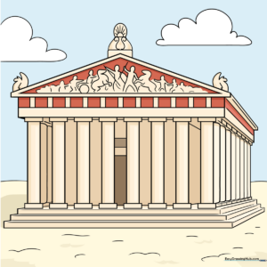A completed, colored illustration of the Parthenon Temple on the Acropolis.