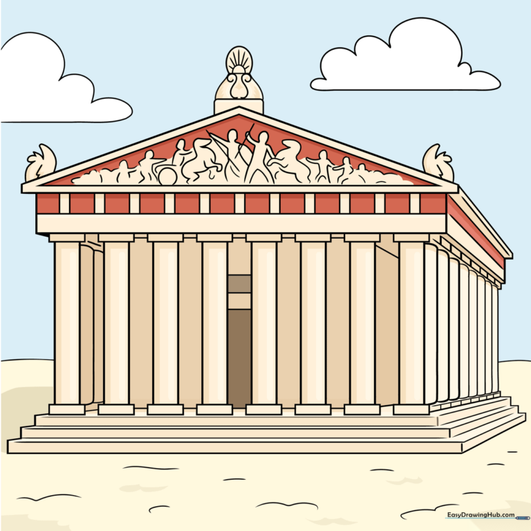 A completed, colored illustration of the Parthenon Temple on the Acropolis.