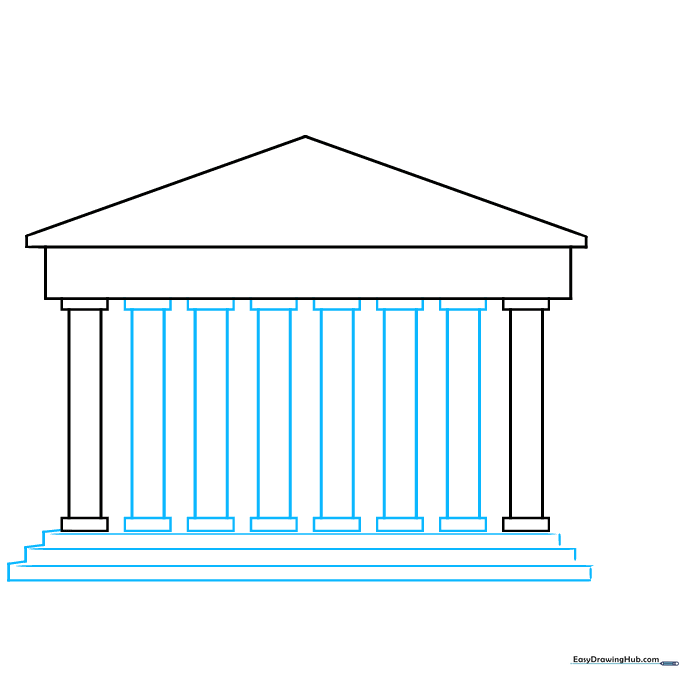 Drawing the vertical columns and the three-tiered base of the Parthenon.