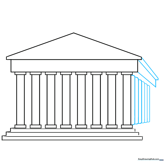 Adding diagonal lines to the roof and columns to create a 3D perspective effect.