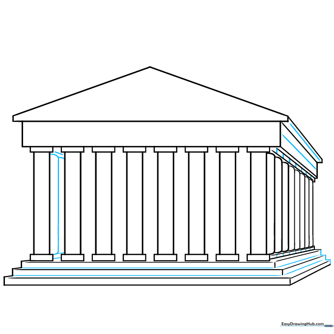 Adding column capitals and base details to the Parthenon sketch.