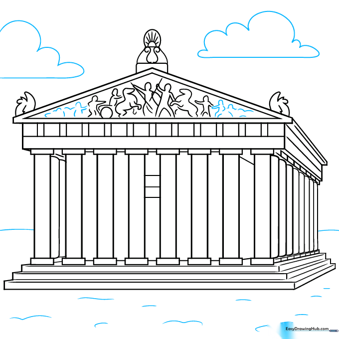 Finalizing the drawing with a horizon line and clouds.