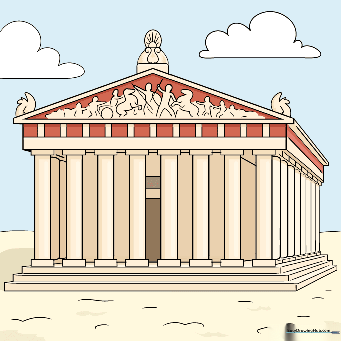 Finished, colored drawing of the Parthenon Temple.