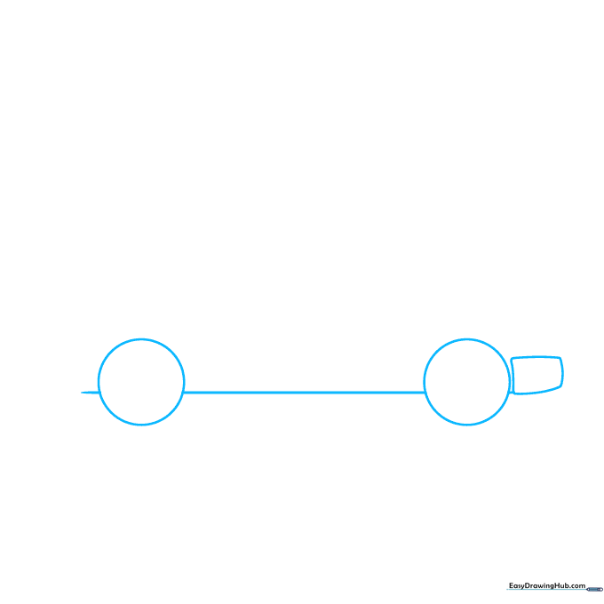 Drawing the base tires and rear bumper of a car using simple geometric shapes.