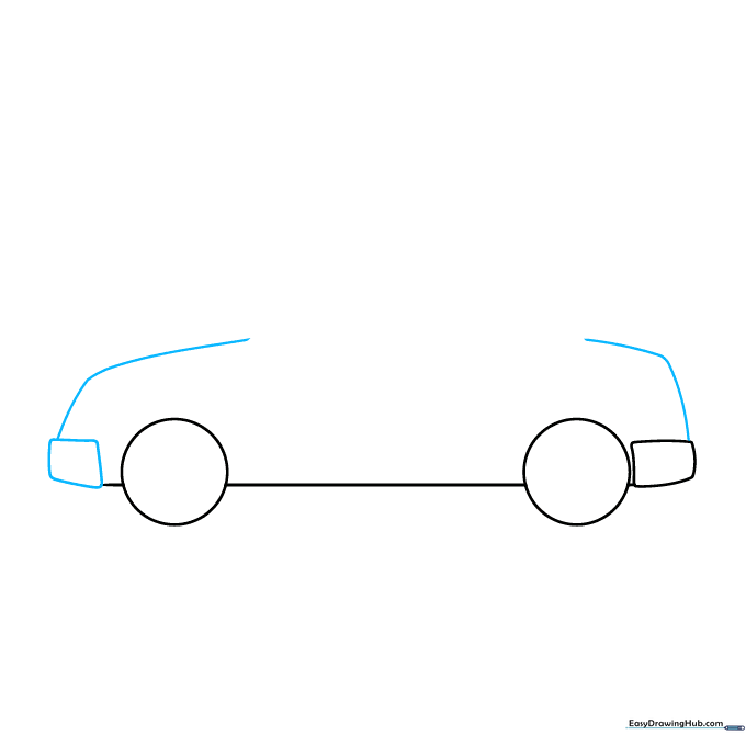 Adding the front bumper and curved lines for the car's hood and trunk structure.