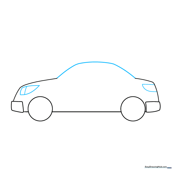 Drawing the car roofline, headlights, and taillights on the vehicle frame.