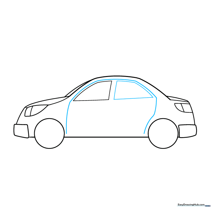 Drawing the rear window and the outline of the car doors.