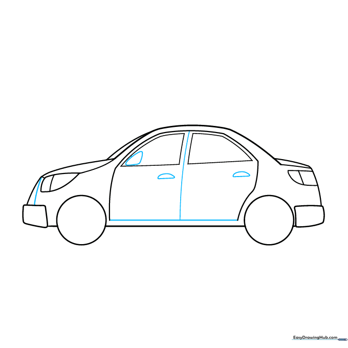 Adding the side mirror, door handles, and radiator grille details.