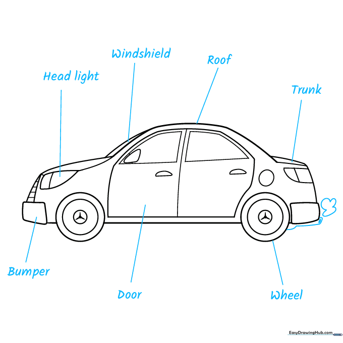 Adding the tailpipe and beginning to label the car parts with lines and text.