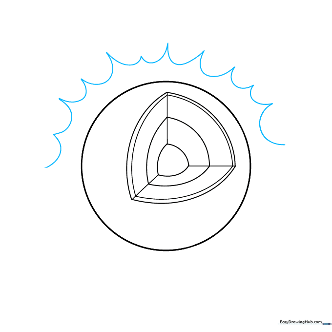Sketching the outer rays of the sun with pointed, flame-like shapes.