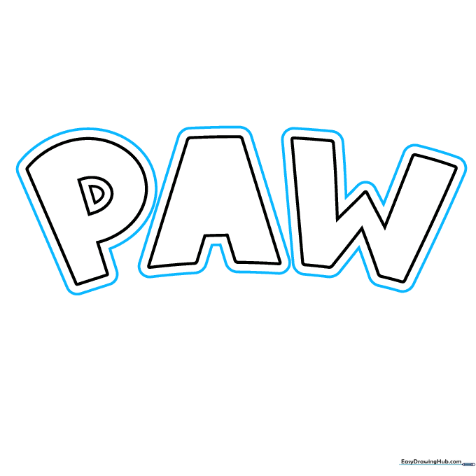 Refining the edges of the letters PAW with clean, bold pencil strokes.