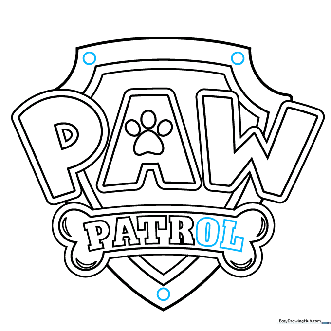Finalizing the text and adding circular rivets to the shield points.
